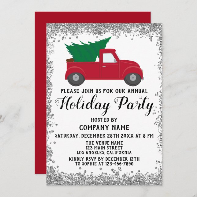 Convite Red Truck Xmas Tree Company Holiday Party Silver (Frente/Verso)