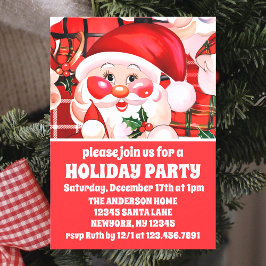 Convite Red Vintage Santa Claus Tartan Xadrez Natal
