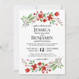 Convite Red Watercolor Blossoms Elegant Boho Chic Wedding