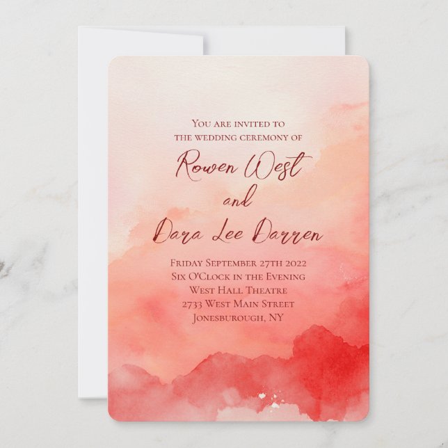 Convite Red Watercolor Ombre Painting Wedding (Frente)