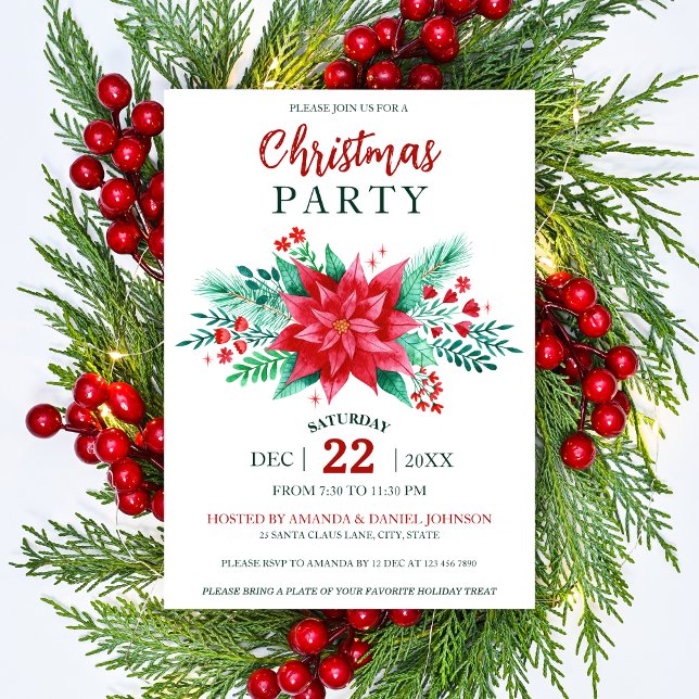 Convite Red Watercolor Poinsettia Festa Floral de Natal (Red Watercolor Poinsettia Flowers Christmas Party Invitation)