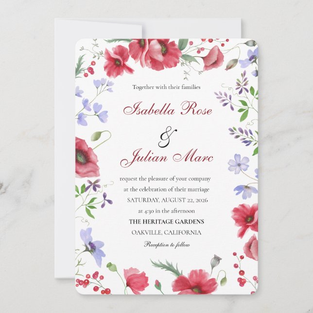 Convite Red Watercolor Poppy & Lavender Floral Wedding (Frente)