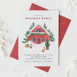 Convite Red Watercolor Winter Cottage Holidage Party (Fest<br><div class="desc">Convide a família e os amigos para a sua festa de Natal com este convite de festa de férias personalizável. Apresenta a cor d'água a cena de inverno de uma casota vermelha,  coelhos e árvores. Este convite para festas de cor d'água é totalmente personalizável. Personalize adicionando seus próprios detalhes.</div>