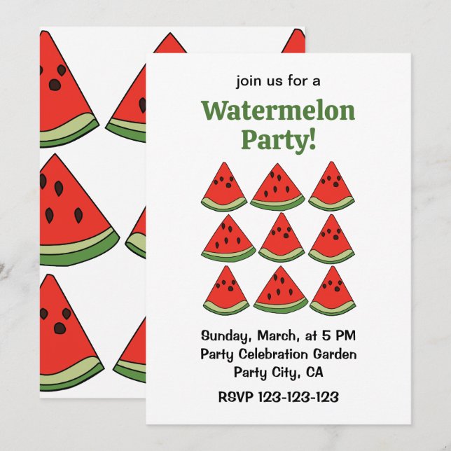 Convite Red Watermelon Slices Tropical Summer Party (Frente/Verso)
