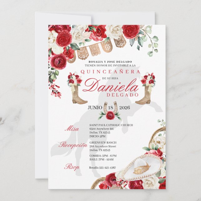 Convite Red Western Boots & Rosa Papel Picado Quinceañera (Frente)