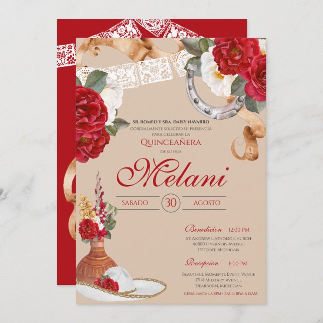 Convite Red Western Rosa Charro Ranchero Quinceanera (Frente/Verso)
