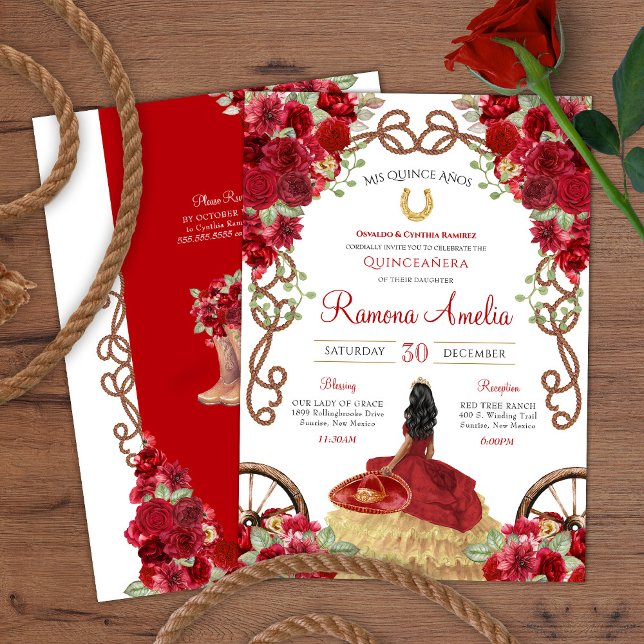 Convite Red Western Rusal Floral Charra Quinceanera (Criador carregado)
