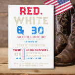Convite Red White 30 Tipografia 4 de julho aniversário de<br><div class="desc">Um convite de festas moderno,  elegante e divertido "Vermelho,  Branco e 30" para o dia 4 de julho com um tema "Branco Vermelho e Trinta".</div>