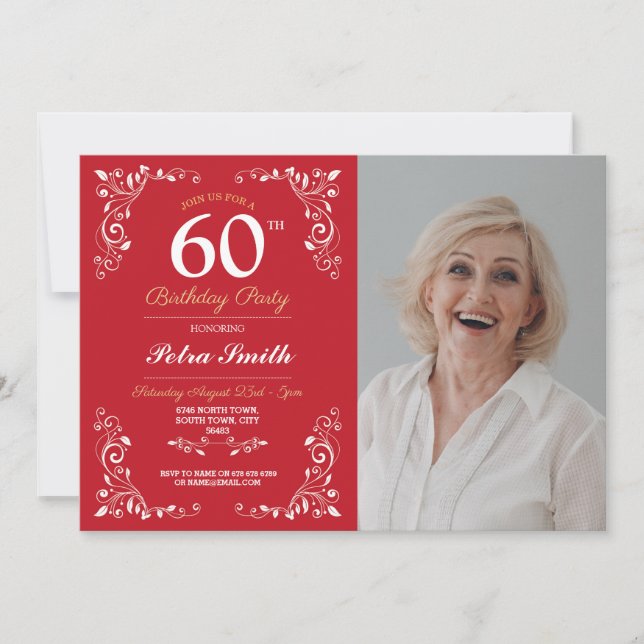Convite Red White Birthday Womens Classy 60th Foto (Frente)