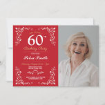 Convite Red White Birthday Womens Classy 60th Foto<br><div class="desc">O 60º convite da Elegante Vermelha Branca,  Mulheres de Aniversário Clássicas,  SIMPLESMENTE MUDA O TEXTO PARA CONHECER A SUA FESTA. Impressão traseiro incluído.</div>