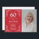 Convite Red White Birthday Womens Classy 60th Foto<br><div class="desc">O 60º convite da Elegante Vermelha Branca,  Mulheres de Aniversário Clássicas,  SIMPLESMENTE MUDA O TEXTO PARA CONHECER A SUA FESTA. Impressão traseiro incluído.</div>