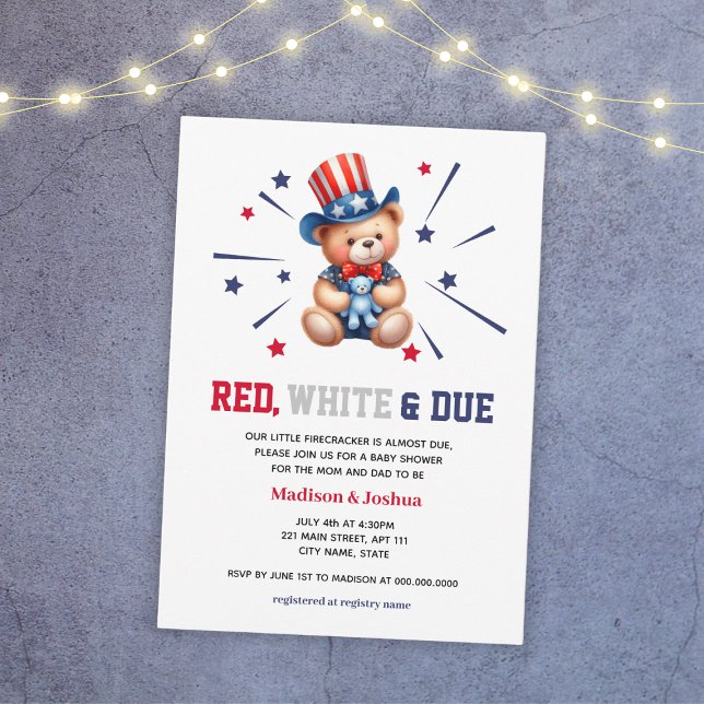 Convite Red White Devido A 4 De Julho Chá de fraldas (Red White Due 4th Of July Boy Baby Shower Invitation
)