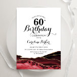 Convite Red White Dourado Agate 60º aniversário<br><div class="desc">Vermelho,  branco e ouro agata 60º convite de aniversário. Elegante design moderno com aquarela agate marble geode background,  faux glitter gold e typografia script font. Trendy convida o cartão perfeito para uma comemoração de dia das mulheres na moda. Impressos convites Zazzle ou modelo de impressão digital instantânea para download.</div>