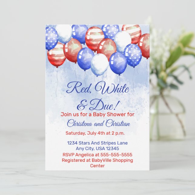 Convite Red White & Due Independence Day Baby Shower (Em pé/Frente)