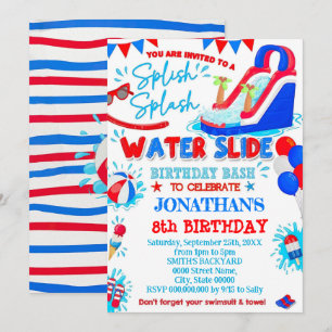Convite Red White e Blue Splish Splash Waterslide Aniversá