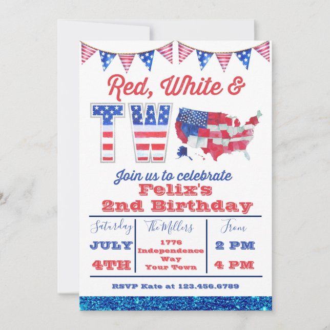 Convite Red White e Dois Americanos 4 de julho de aniversá (Frente)