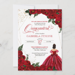 Convite Red White e Rosas Dourados Elegante Gown Quinceane