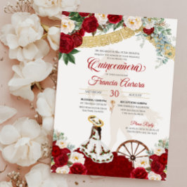 Convite Red White Floral e Elegante Dourada Charro Quincea