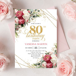 Convite Red white floral gold accent card 80th birthday 