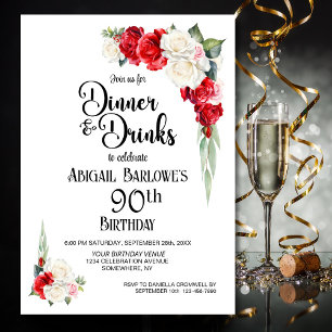 Convite Red White Floral Janta e Bebidas 90 de Aniversário