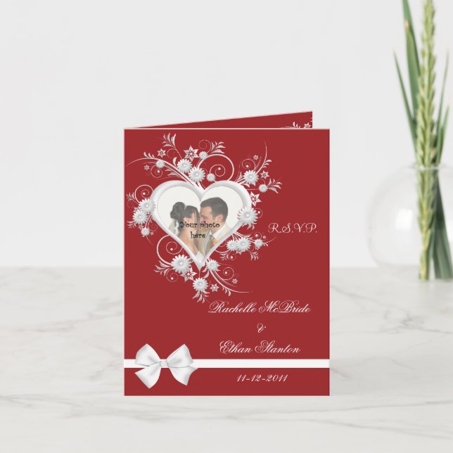 Convite Red & White Heart Wedding Photo RSVP Note Cards (Frente)