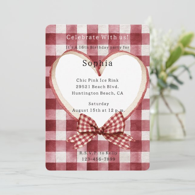 Convite Red White Plaid Stripes Heart Birthday (Em pé/Frente)