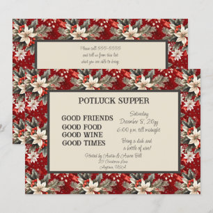 Convite Red White Poinsettia POTE de Natal LUCK Supper