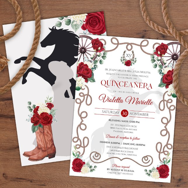 Convite Red White Rose Elegante Western Charra Quinceanera (Criador carregado)