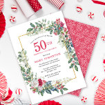 Convite Red White Rose Floral Holly 50th Festa de aniversá<br><div class="desc">Um quadro de férias delicado e festivo contém rosas vermelhos e brancos aninhados em folhas sagradas e de eucalipto. O nome e o ano de aniversário da celebrante são escritos em um bonito vermelho. Perfeito para uma festa de aniversário de inverno. Fácil de personalizar.</div>
