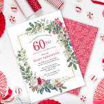 Convite Red White Rose Floral Holly 60ª Festa de aniversár<br><div class="desc">Um quadro de férias delicado e festivo contém rosas vermelhos e brancos aninhados em folhas sagradas e de eucalipto. O nome e o ano de aniversário da celebrante são escritos em um bonito vermelho. Perfeito para uma festa de aniversário de inverno. Fácil de personalizar.</div>