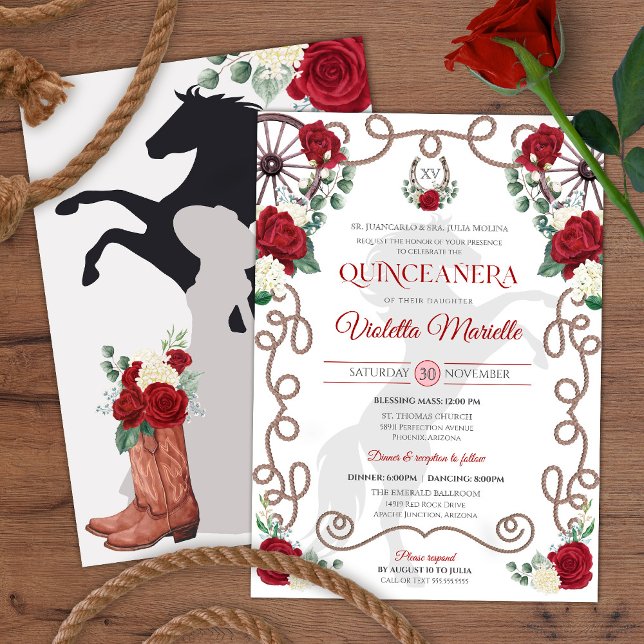 Convite Red White Rustic Western Charro Quinceanera (Criador carregado)