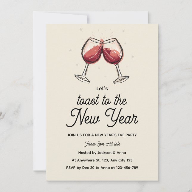 Convite Red Wine Glasses Hand Drawn New Year's Eve Party (Frente)