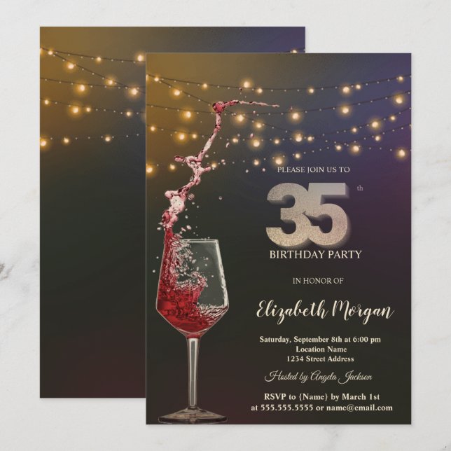 Convite Red Wine String Lights 35th Birthday Party (Frente/Verso)