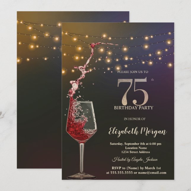 Convite Red Wine String Lights 75th Birthday Party (Frente/Verso)