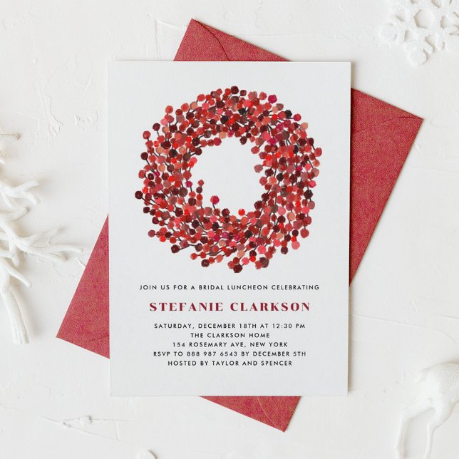 Convite Red Winterberry Wreath Christmas Bridal Luncheon (Bridal luncheon invitation featuring watercolor winterberry wreath. Perfect for Christmas events.)