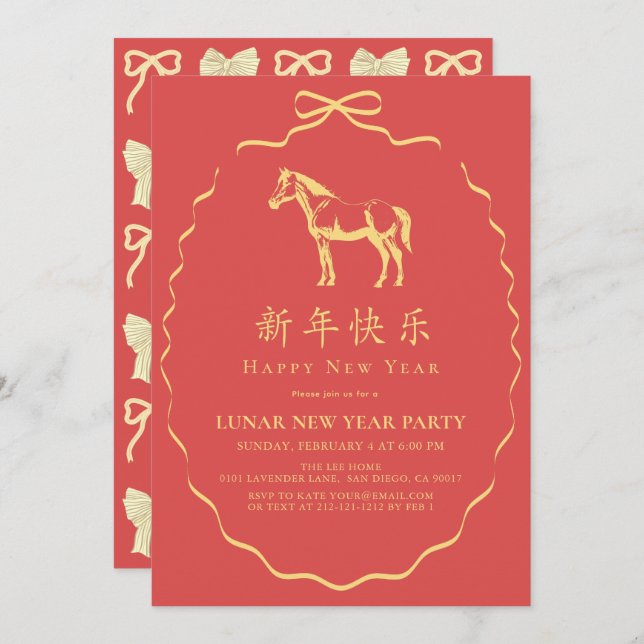 Convite Red Yellow/Gold Bow Horse Chinese New Year Party (Frente/Verso)