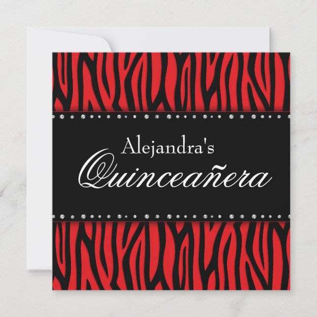 Convite Red Zebra Diamantes Quinceanera Invants (Frente)