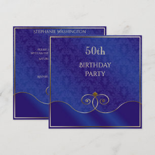 Convite Redemoinho Azul e Dourado Elegante, Damask 50º Ani