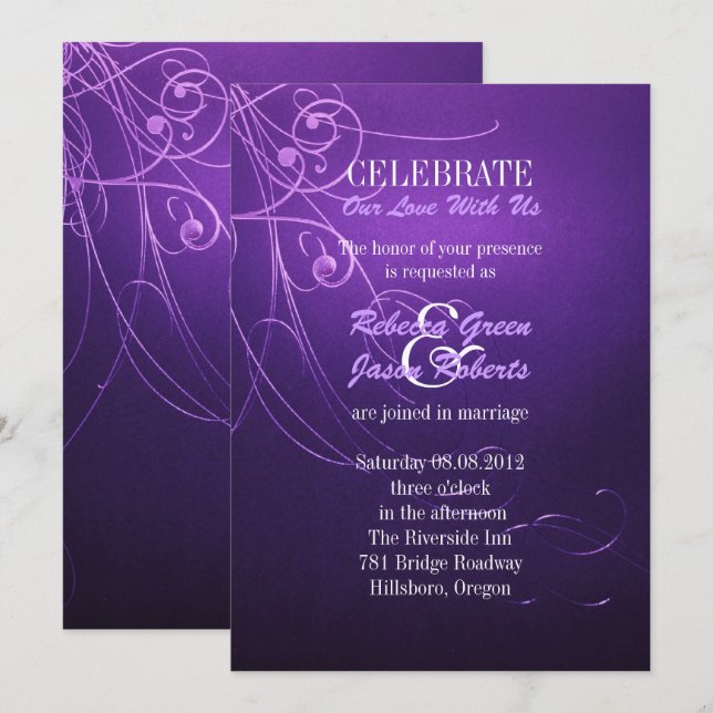 Convite redemoinho chique elegante moderno casamento roxo  (Frente/Verso)