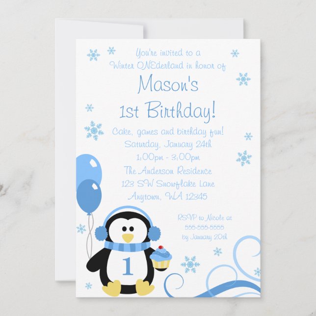 Convite Redemoinho de Cupcake de Pinguim Inverno Onederlan (Frente)