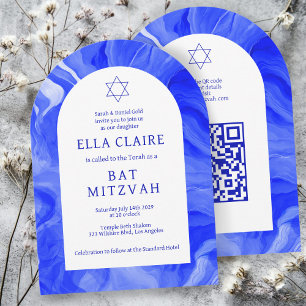 Convite Redemoinho de Mármore Azul Estrela QR Bar Mitzvah 