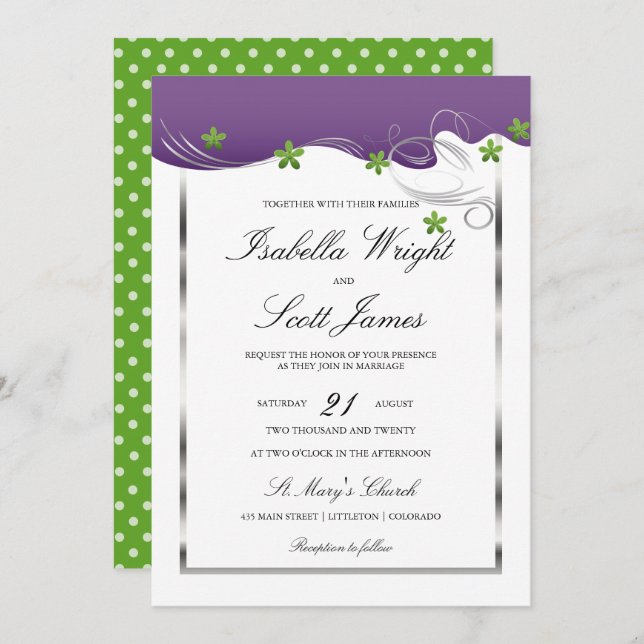 Convite Redemoinho roxo e casamento verde do design floral (Frente/Verso)