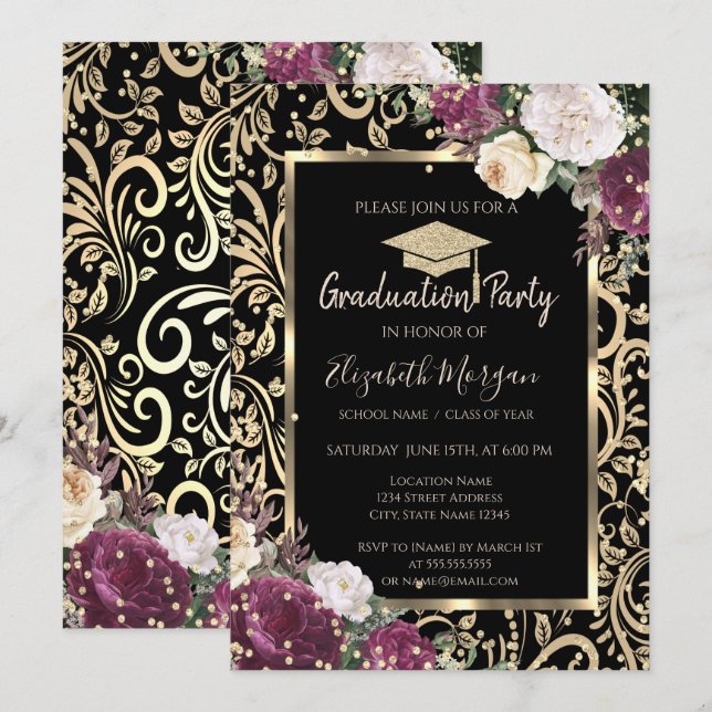 Convite Redemoinhos Dourados Diamantes Flores Bordeaux Gra (Frente/Verso)