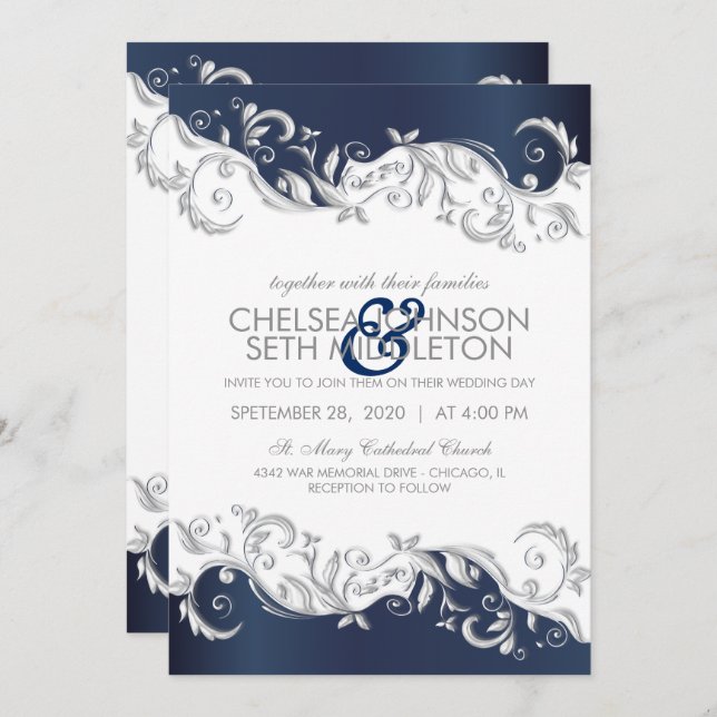 Convite Redemoinhos florais do azul marinho & os brancos (Frente/Verso)