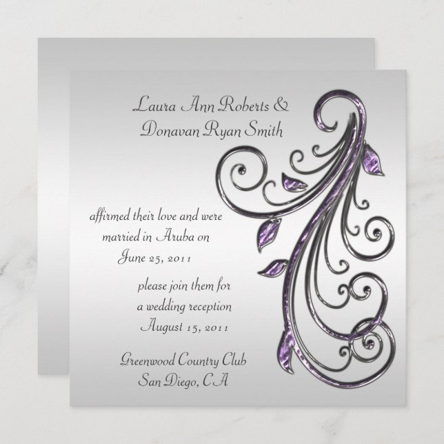 Convite Redemoinhos Roxos e Prateados em Fundo Prateado (Frente/Verso)