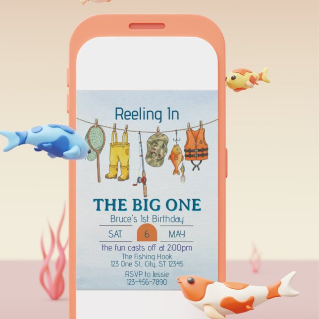 Convite Reeling The Big One, Fishing Line 1st Birthday (Criador carregado)