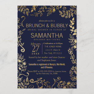 Convite Refeição matinal floral Dourado dos azuis marinh