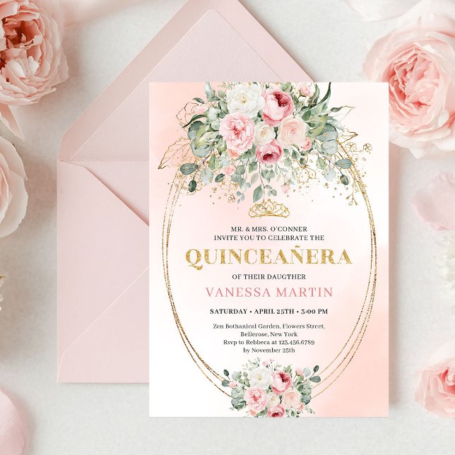 Convite Refinada Rosa Boho Flores Verde Dourado Quinceañer (Refined Blush Roses Greenery Gold Quinceañera Invite)