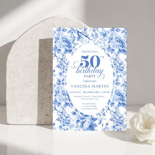 Convite Refinado Azul Real Toile de Jouy Floral 50 Anivers