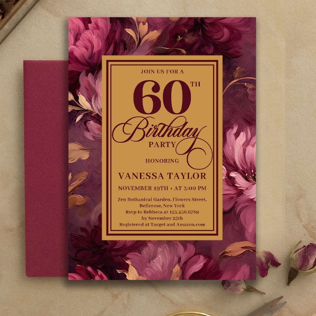 Convite Refined 60th Birthday Burgundy Blush Floral Invite (Refined 60th Birthday Burgundy Blush Floral Invitation)